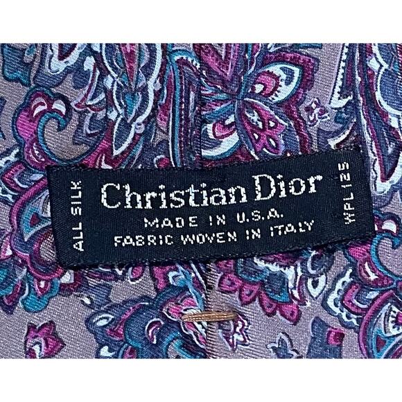 Christian Dior Gray, Purple, Blue Paisley Silk Tie, 55" Long - Picture 5 of 6